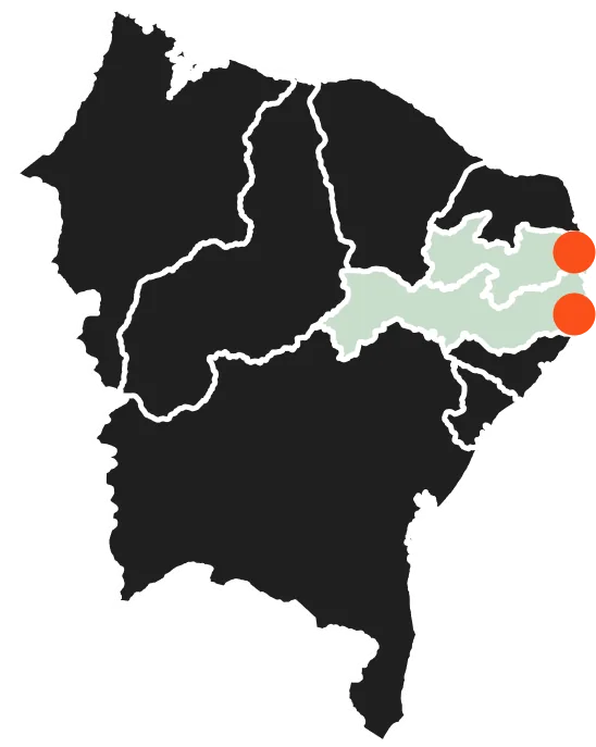 Mapa do Nordeste com Paraíba e Pernambuco em destaque